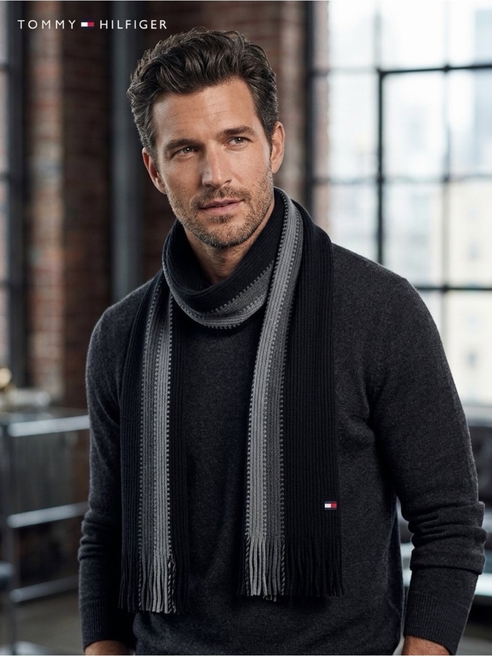 Tommy Hilfiger Ribbed Knit Scarf Black Grey Border Stripe Unisex Mens NWT